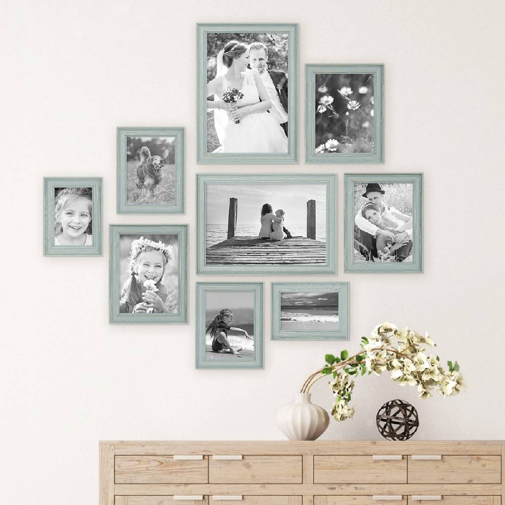 Photolini 9er Bilderrahmen-Set Skandinavisch Landhaus-Stil Taubenblau / Petrol