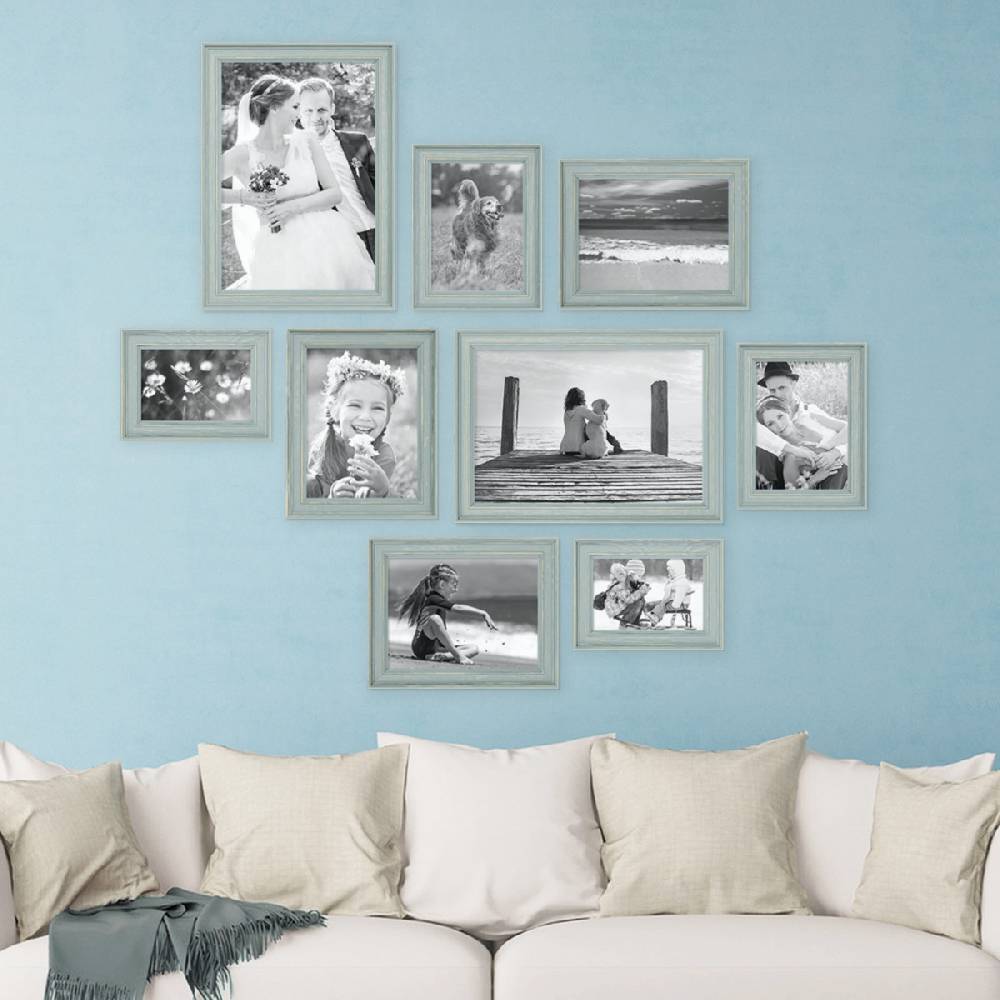 Photolini 9er Bilderrahmen-Set Skandinavisch Landhaus-Stil Taubenblau / Petrol Rabatt