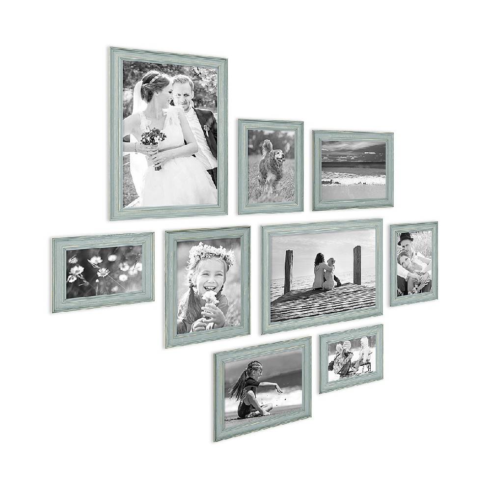 Photolini 9er Bilderrahmen-Set Skandinavisch Landhaus-Stil Taubenblau / Petrol Rabatt