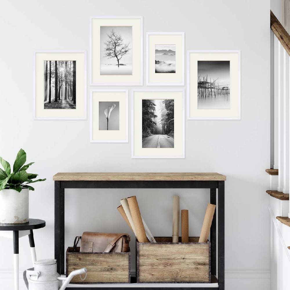 Photolini 6er Bilderrahmen-Set Modern Weiß aus MDF 21x30 cm / DIN A4 und 30x40 cm mit Passepartout