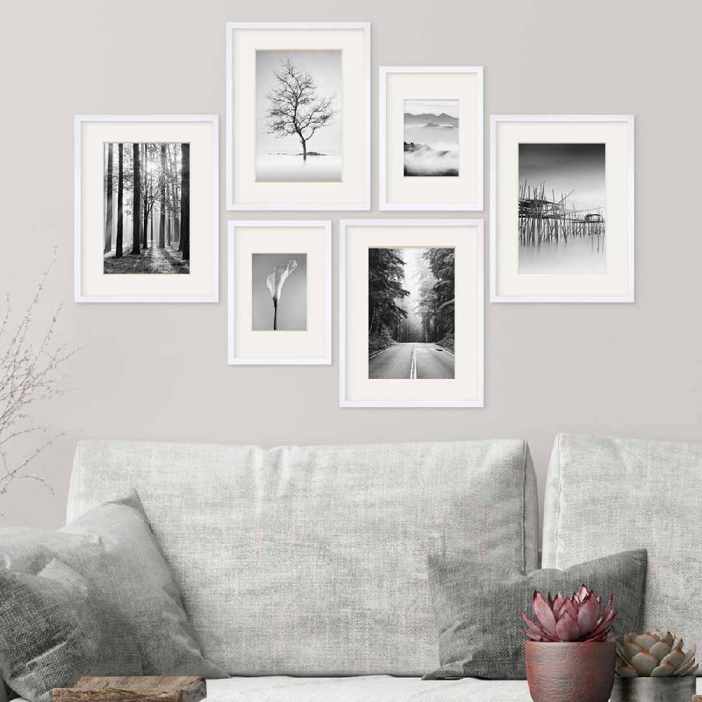 Photolini 6er Bilderrahmen-Set Modern Weiß aus MDF 21x30 cm / DIN A4 und 30x40 cm mit Passepartout Preisnachlass