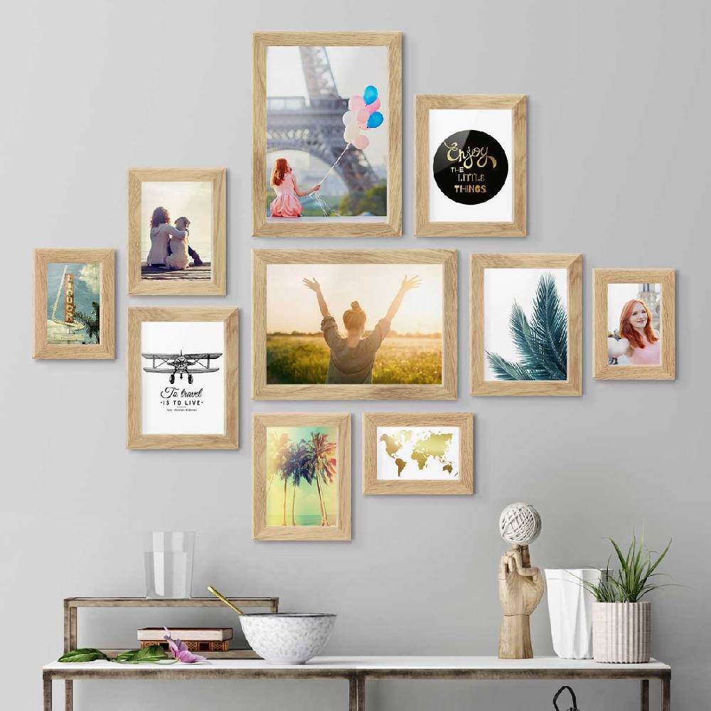 Photolini 10er Bilderrahmen-Set Eiche breit modern Massivholz mit Acrylglas