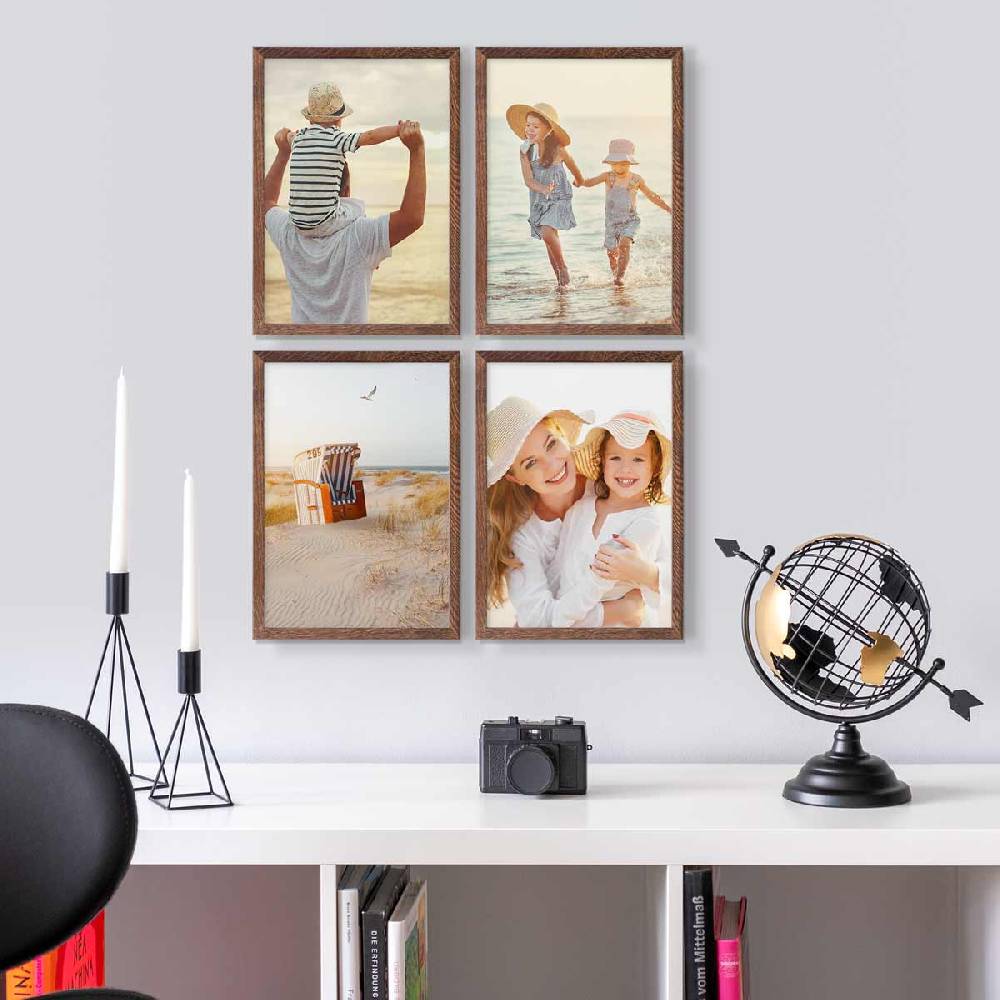Photolini 4er Bilderrahmen-Set Eiche Dunkel Massivholz Schmal 21x30 cm / DIN A4 mit Acrylglasscheibe Cyber Monday
