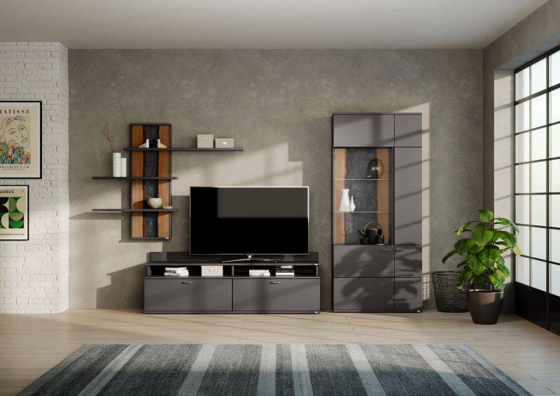 set one by Musterring Wohnwand tacoma Vorschläge Korpus, Wandborde, TV-Bänke, Esstische und Couchtische: Grafit, Fronte grau | Fabrikpreis