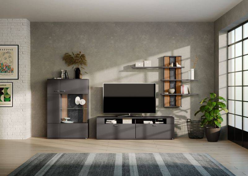 set one by Musterring Wohnwand tacoma Vorschläge Korpus, Wandborde, TV-Bänke, Esstische und Couchtische: Grafit, Fronte grau | Begrenztes Angebot
