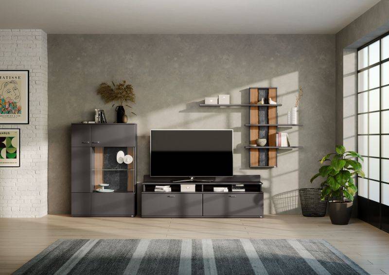set one by Musterring Wohnwand tacoma Vorschläge Korpus, Wandborde, TV-Bänke, Esstische und Couchtische: Grafit, Fronte grau | Exklusivangebot
