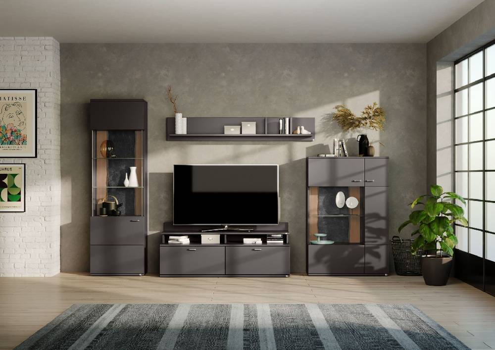 set one by Musterring Wohnwand tacoma Vorschläge Korpus, Wandborde, TV-Bänke, Esstische und Couchtische: Grafit, Fronte grau | Cyber Monday