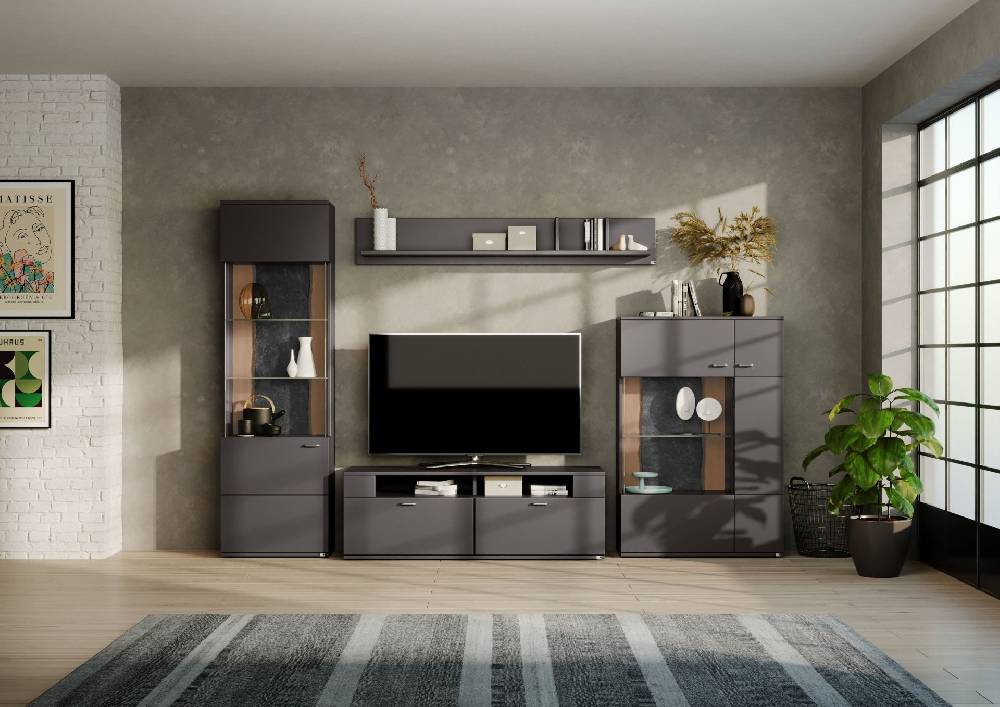 set one by Musterring Wohnwand tacoma Vorschläge Korpus, Wandborde, TV-Bänke, Esstische und Couchtische: Grafit, Fronte grau | Weihnachtsangebot