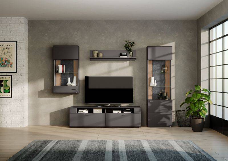 set one by Musterring Wohnwand tacoma Vorschläge Korpus, Wandborde, TV-Bänke, Esstische und Couchtische: Grafit, Fronte grau | Jubiläumsangebot