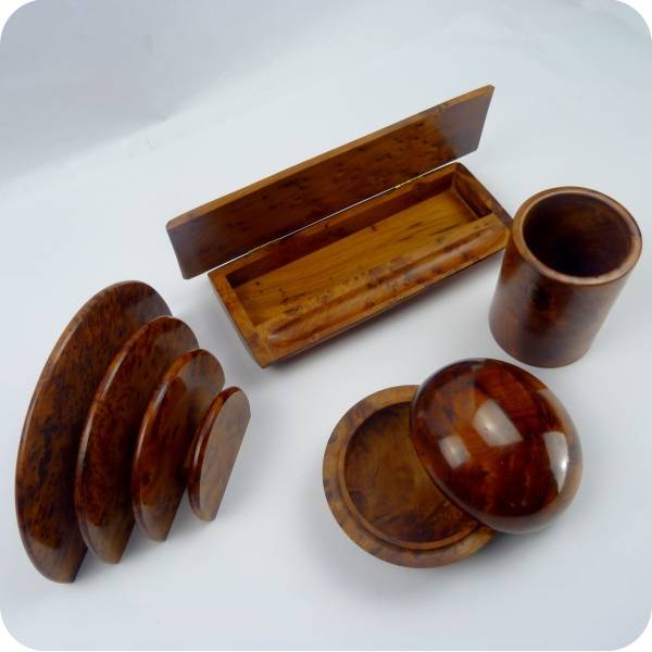 Simandra ***B-WARE*** Schreibtischset aus edlem Thuja-Wurzelholz I 4-teilig I bestehend aus Schatulle I Stiftebecher I Stifte-Etui Briefhalter