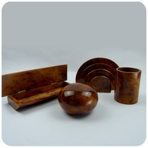 Simandra ***B-WARE*** Schreibtischset aus edlem Thuja-Wurzelholz I 4-teilig I bestehend aus Schatulle I Stiftebecher I Stifte-Etui Briefhalter Jubiläumsangebot