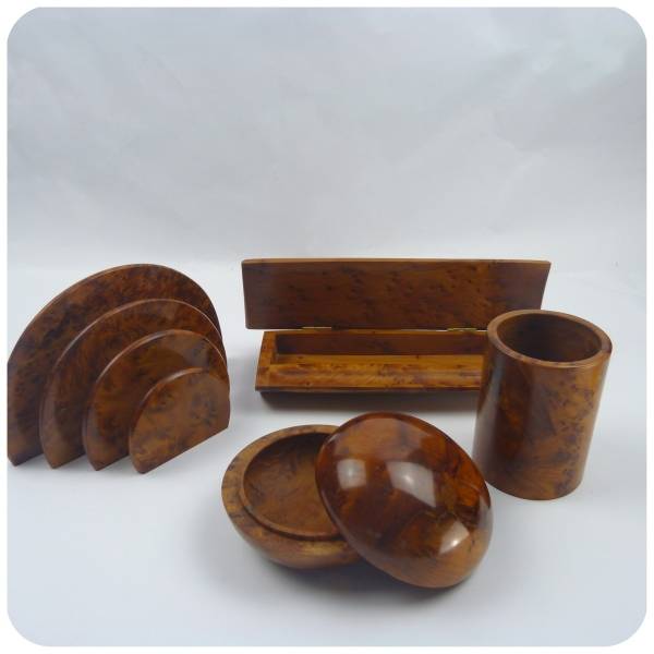 Simandra ***B-WARE*** Schreibtischset aus edlem Thuja-Wurzelholz I 4-teilig I bestehend aus Schatulle I Stiftebecher I Stifte-Etui Briefhalter Jubiläumsangebot