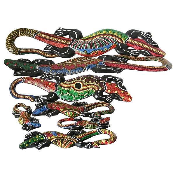 Simandra Gecko Echse Deko Figur Wanddeko Holzfigur Wandfigur Afrika Asia punktbemalt dotpainting Salamander Blitzangebot