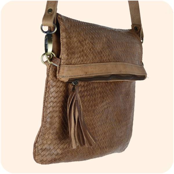 Simandra Leder Handtasche Dafira 33x26cm - marokkanische Umhängetasche in Flecht-Optik mit 3 Fächern