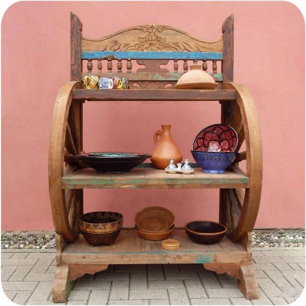 Simandra Antikes Wagenrad Regal Djawa Recycling Teak Holz massiv Im Verkauf