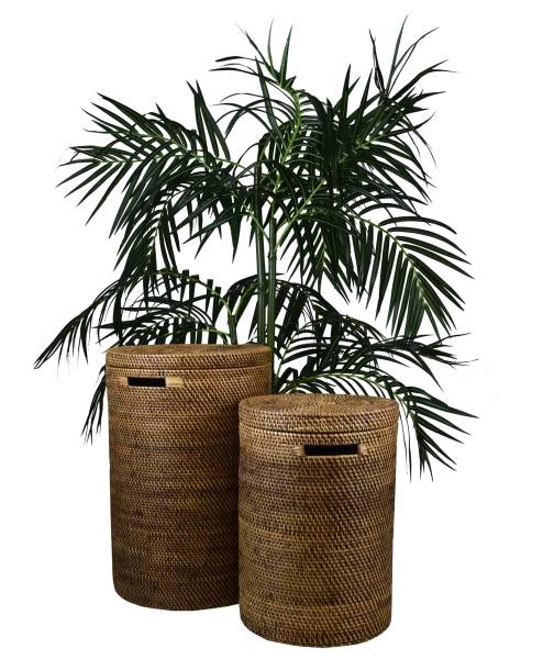 Simandra Wäschekorb Wäschebox mit Deckel aus 100% Ata, Rattan Palme, dekorative Unikate Aufbewahrungskorb Handarbeit natur rund